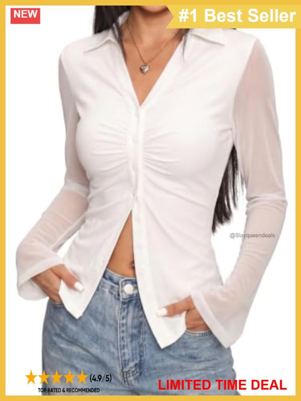 Women's Fitted Mesh Bell Sleeve Button Down Blouse Sheer V-Neck Office Top